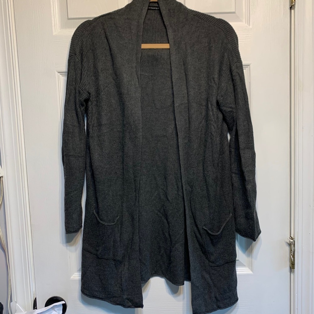 T Tahari Cardigan Sweater Small Gray Open Front Ribbed Cashmere Blend Longline